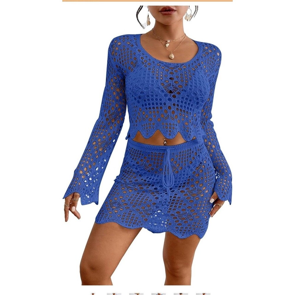 Bsubseach Women's 2-Piece Crochet Swimsuit Cover Up, Hollow Knit Skirt Set Small
